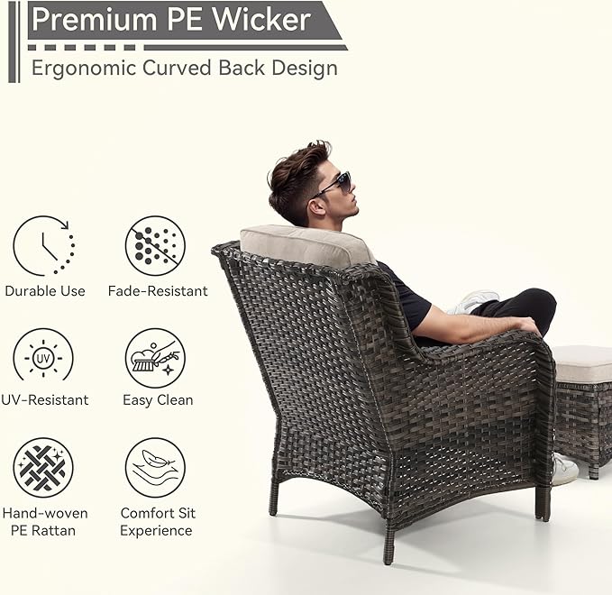 4 Pieces Patio Conversation Set, Wicker Chairs Set of 2 and Two Ottomans with 3.5-inch Seat Cushions, High Back and Curved Armrest for Backyard, Balcony and Deck, Beige