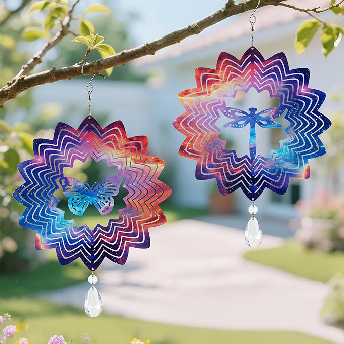 2PCS Garden Wind Spinners 3D Wind Sculptures Butterfly & Dragonfly Hanging Kinetic Wind Catchers Outdoor Yard Art Ideal Gifts for Mom Wife Grandma