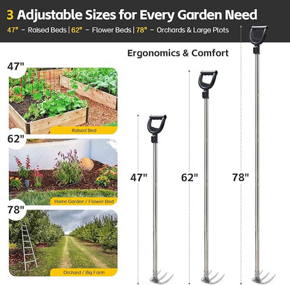Potato Hand Rake Garden Tool - 62" Long Handle Cultivator Weeding Rakes, 3-Tine Heavy Duty Carbon Steel with D Grip for Raised Garden Beds,Flower Bed,Soil Grass Yard Gardening