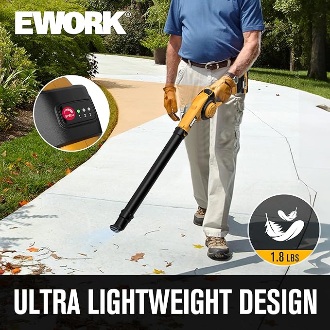EWORK Small Leaf Blower Cordless 21V 200MPH Lightweight Electric Leaf Blower with 2x2.0Ah Battery and Fast Charger, Mini Battery Powered Compact Blowers for Lawn Care, Leaves, Jobsite, Patio Cleaning