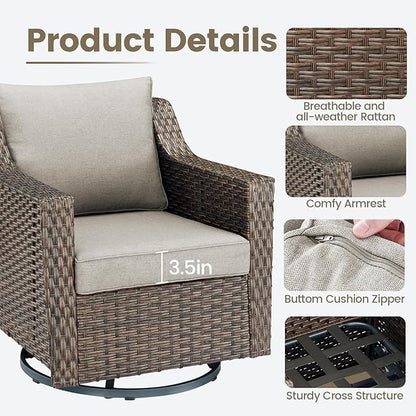 Outdoor Patio Wicker Swivel Chairs - Set of 4 Outside Rattan Rocker Glider Chair Rocking Armchairs for Front Porch Balcony Backyard Yard Deck Poolside Apartment – Brown/Beige