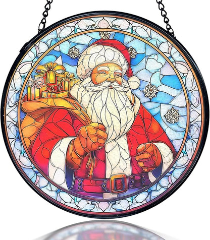 kdqua Christmas Santa Suncatcher Stained Glass Window Hanging, Winter Xmas Santa Claus Sun Catchers Indoor Window Glass Round Wall Decor, Christmas Wall Art Hanging Decorations Statues, 7.9x7.9in