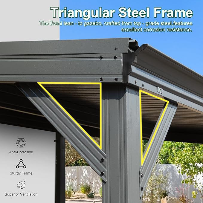 Domi 10’x12’ Lean-to Gazebo, Hardtop Wall-Mounted Gazebo Pergola with Sloping Galvanized Steel Roof and Upgraded Drainage System, Outdoor Permanent Metal Shelters for Patio Backyard Deck, Grey