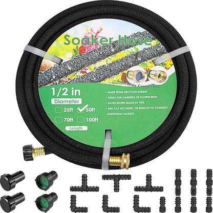 MAMIZO Soaker Hose Kit 50 ft 1/2", Solid Brass Connectors Rubber Longer Lasting, Heavy Duty Drip Hose to Save 70% Water, Soaker Hose for Garden, Lawn and Yard
