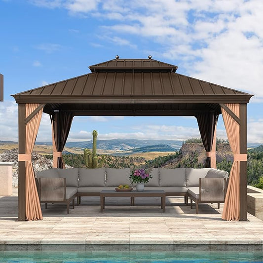 PURPLE LEAF 11' X 13' Outdoor Hardtop Gazebo Patio Wide Aluminum Frame Galvanized Steel Double Roof with Heavy Duty Netting and Curtains for Permanent Hard Top Pavilion Screen,Khaki
