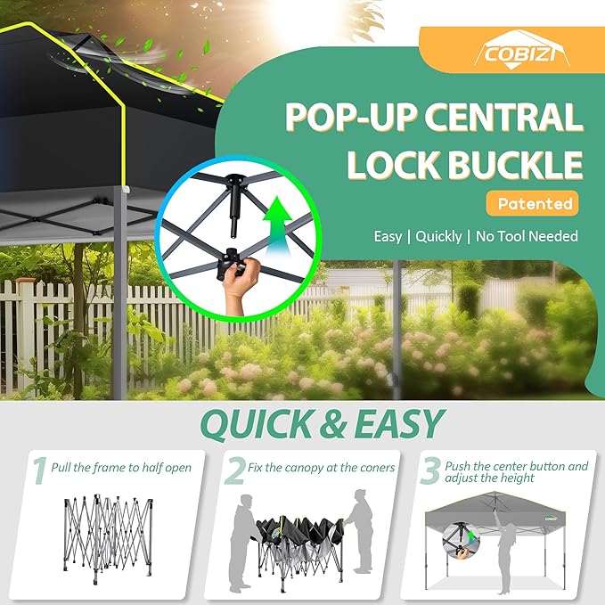 COBIZI Canopy 10x10 Pop Up Canopy Tent 1-Button Push Easy up Outdoor Canopy Instant Portable Commercial Shelter Waterproof UPF50+ Gazebo with Reflective Strip, Air Vent & 4 Sandbags,Black