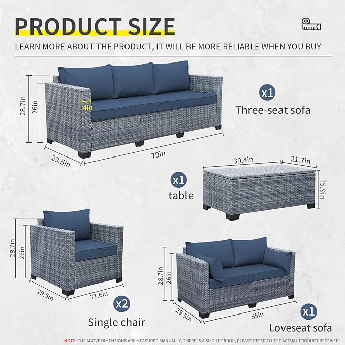5 Piece Wicker Patio Furniture Sets Outdoor Conversation Set, PE Rattan Sectional Sofa Couch with Storage Table and Non-Slip Navy Blue Cushions, Furniture Covers Included