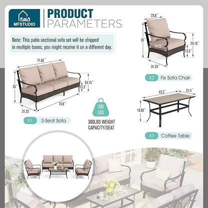 MFSTUDIO Outdoor Patio Furniture Set, 4 PCS Heavy-Duty Metal Patio Conversation Sets for 5, Patio Sectional Sofa Set with High Back 3-Seat Sofa, 2 Fixed Chairs, 1 Coffee Table, 5.5" Thicken Cushions