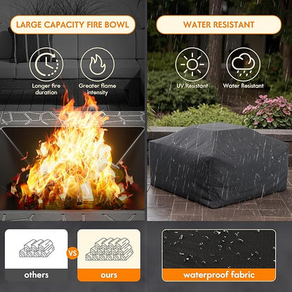 Flamaker Outdoor Fire Pit 32 Inch Firepit Tables Backyard Mutifunctional Square Metal Stove Wood Burning with Cover Poker for Patio, Camping, Bonfire (Silver)