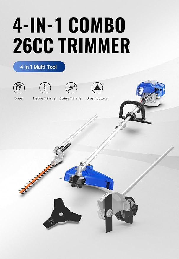WILD BADGER POWER 26cc Weed Wacker Gas Powered, 4 in 1 String Trimmer, Wheeled Edger, Hedge Trimmer and Brush Cutter Blade, Multi Yard Care Tools, Rubber Handle & Shoulder Strap Included