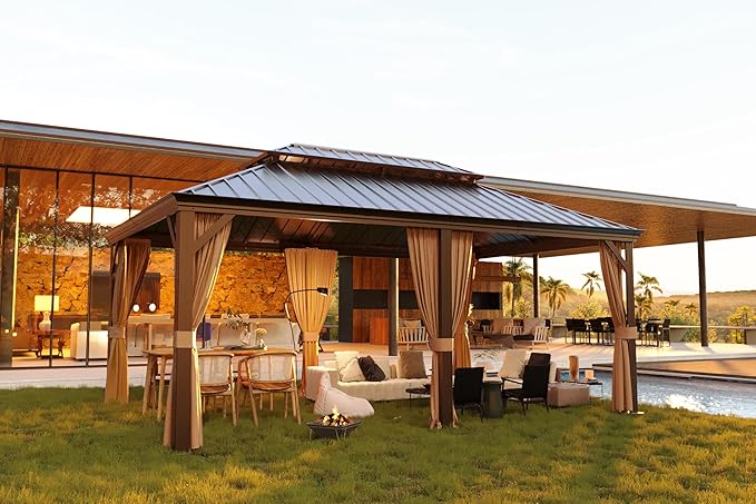 12' x 18' Outdoor Hardtop Gazebo Aluminum Frame with Double Metal Roof, Canopy Netting, Curtain, Patio Permanent Galvanized Steel Gazebo for Backyard, Garden, Party, Deck, Lawn