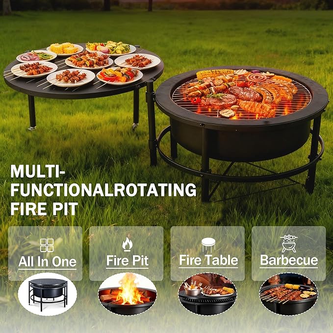 Fire Pits for Outside Wood Burning, Extra Large Outdoor Fire Pit with Grill and Roating Table, Cold Finished Steel Round Firepit Bowl with Poker and Round Waterproof Cover for Patio, Backyard, Garden