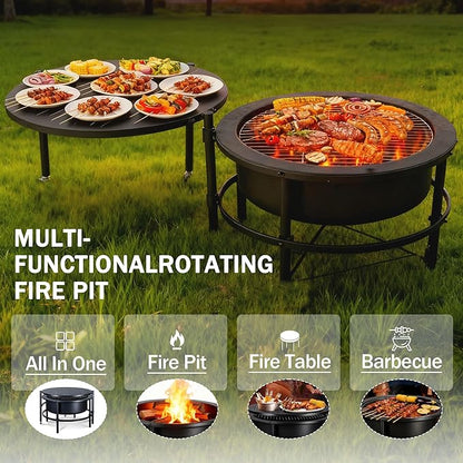Fire Pits for Outside Wood Burning, Extra Large Outdoor Fire Pit with Grill and Roating Table, Cold Finished Steel Round Firepit Bowl with Poker and Round Waterproof Cover for Patio, Backyard, Garden