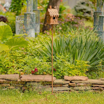 Copper Color Bird House Garden Stake with Ornate Style Roof (Rectangular)