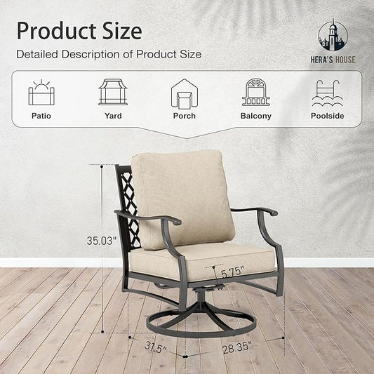 HERA'S HOUSE Outdoor Chairs Set of 2, 2 x Patio Chair with Beige Cushions, All Weather Outdoor Furniture for Lawn Garden Backyard Deck(Swivel Chairs)