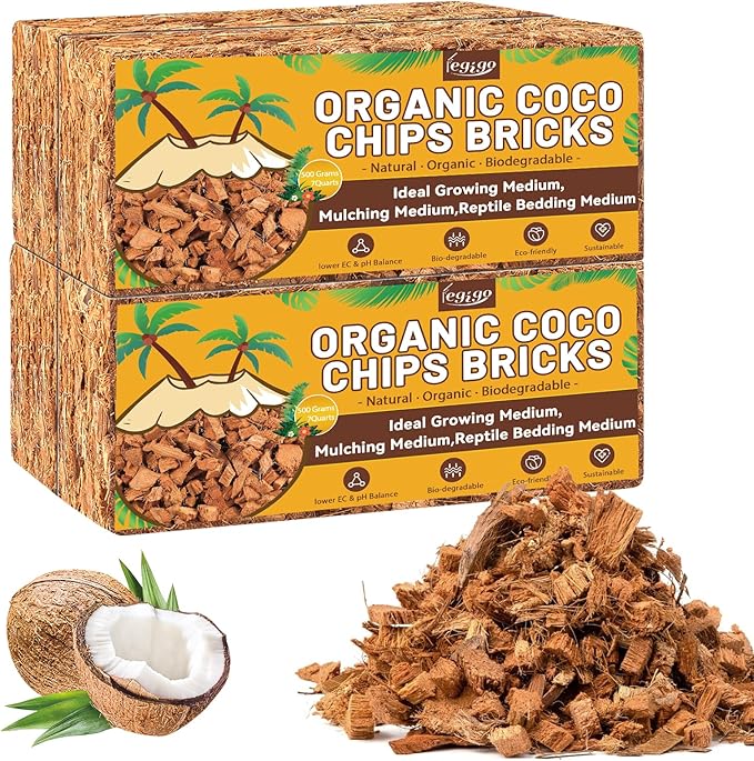 Legigo 4 Pack Coco Husk Chips- 4.4 LB 100% Organic Coconut Coir Chips Brick Potting Soil Mix with Low EC & PH Balance, Compressed Coconut Substrate Coco Chips Mulch Medium for Garden, Flowers, Plants