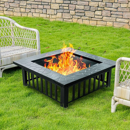 36 inch Fire Pit, Square Outdoor Fire Pit Table with Spark Screen & Fire Poker, 3-in-1 Multipurpose Firepits for Outside, Fireplace for Yard, Garden, Patio