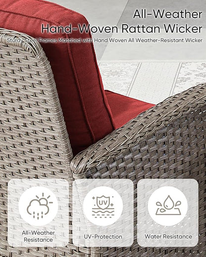 HUMMUH Wicker Patio Furniture Set-All Weather Rattan Patio Sofa Set with Swivel Rocker Chairs Outdoor Conversation Set for Deck Lawn Porch Balcony Poolside-Grey/Red