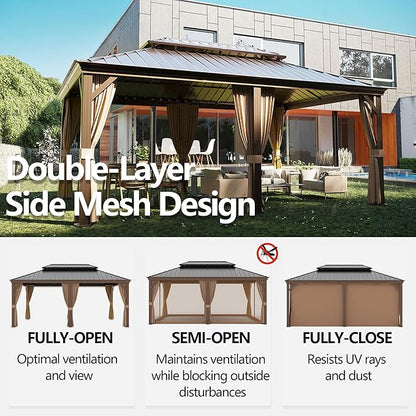 12' x 18' Outdoor Hardtop Gazebo Aluminum Frame with Double Metal Roof, Canopy Netting, Curtain, Patio Permanent Galvanized Steel Gazebo for Backyard, Garden, Party, Deck, Lawn