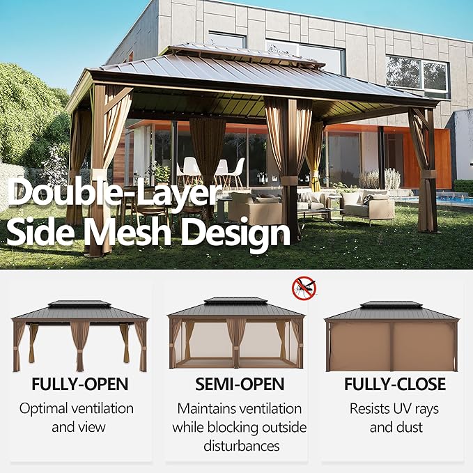 12' x 20' Outdoor Hardtop Gazebo Aluminum Frame with Double Metal Roof, Canopy Netting, Curtain, Patio Permanent Galvanized Steel Gazebo for Backyard, Garden, Party, Deck, Lawn