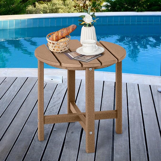Tangkula Round Outdoor Side Table, 18 Inch Weather Resistant HDPE Adirondack Table, Outdoor Indoor Chairside End Tables, Patio Side Table for Lawn Garden Balcony Backyard, Easy Assembly (2, Brown)