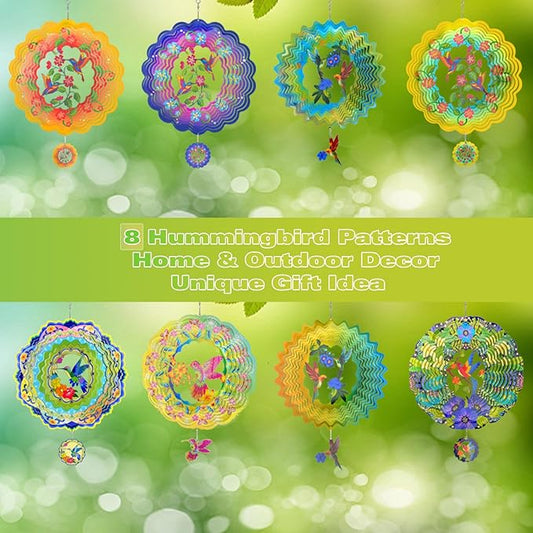 Wind Spinners - 12 Inches Hummingbird Wind Sculptures, 3D Reflective Metal Wind Spinner for Yard and Garden, Home, Outside, Patio Decor, Gifts for Daughter, Mom, Grandma's Birthday, Cyan Yellow