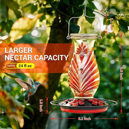 Hummingbird Feeder for Outdoors, 24oz Glass Nectar Feeder with Perch & 5 Flower Feeding Ports, Leakproof Hanging Bird Feeder for Garden Yard Decor, Outside Gifts for Women & Mom, Ruby Red