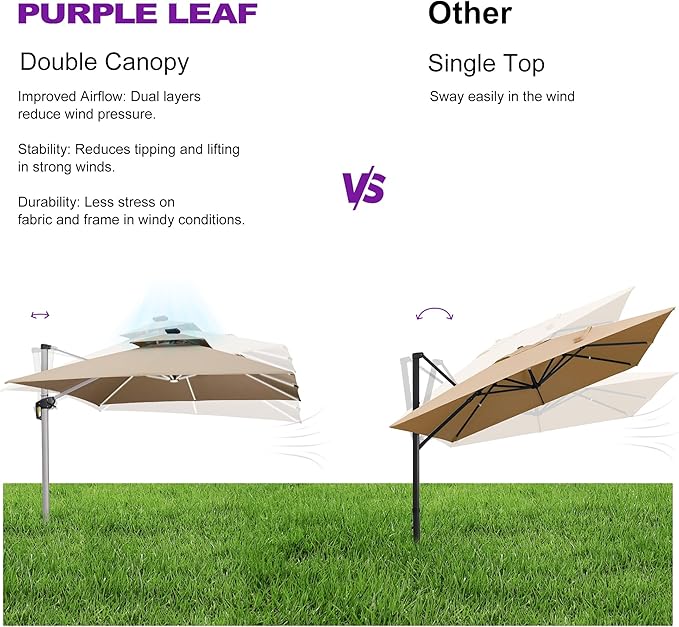 PURPLE LEAF 11 Feet Double Top Deluxe Solar Powered LED Square Patio Umbrella Offset Hanging Umbrella Outdoor Market Umbrella Garden Umbrella, Beige