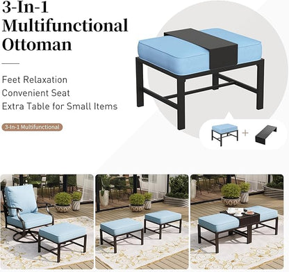 5 Piece Metal Outdoor Patio Furniture Sets, Patio Conversation Sets 1 3-Seater Sofa, 2 Swivel Chairs, 2 Ottomans with 5.75" Thick Cushion, Black All-Weather Backyard Furniture, Blue