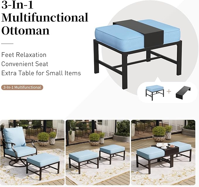 5 Piece Metal Outdoor Patio Furniture Set, Patio Conversation Sets 1 3-seater Sofa, 2 Fixed Chair, 2 Ottomans with 5.75" Thick Cushion, Black All-weather Frame Backyard Furniture, Blue