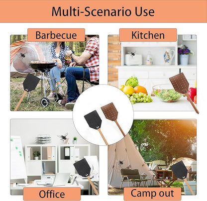 2 Pack Sturdy Leather Fly Swatter for Indoors - (19.7”)Long Handle Heavy Duty Wood Fly Swatter With Hanging Rope, Durable Fly Swatter for Outdoor Rustic Bug Swatter Flies,Mosquitoes And Bees