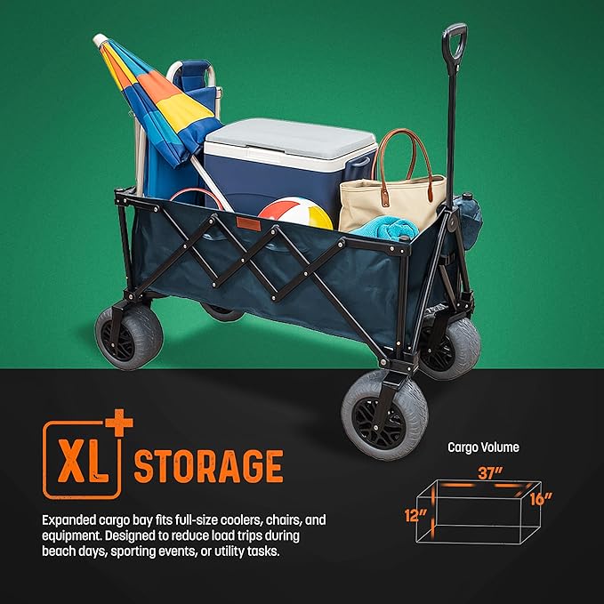 Folding Beach Wagon with Big All-Terrain Wheels for Off-Road Use (Sand/Gravel/Camping Trails) Extra Large Utility Cart with 9" Heavy-Duty Rubber Tires [Outland-XL by Stratton Forge] Blue