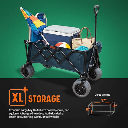 Folding Beach Wagon with Big All-Terrain Wheels for Off-Road Use (Sand/Gravel/Camping Trails) Extra Large Utility Cart with 9" Heavy-Duty Rubber Tires [Outland-XL by Stratton Forge] Blue