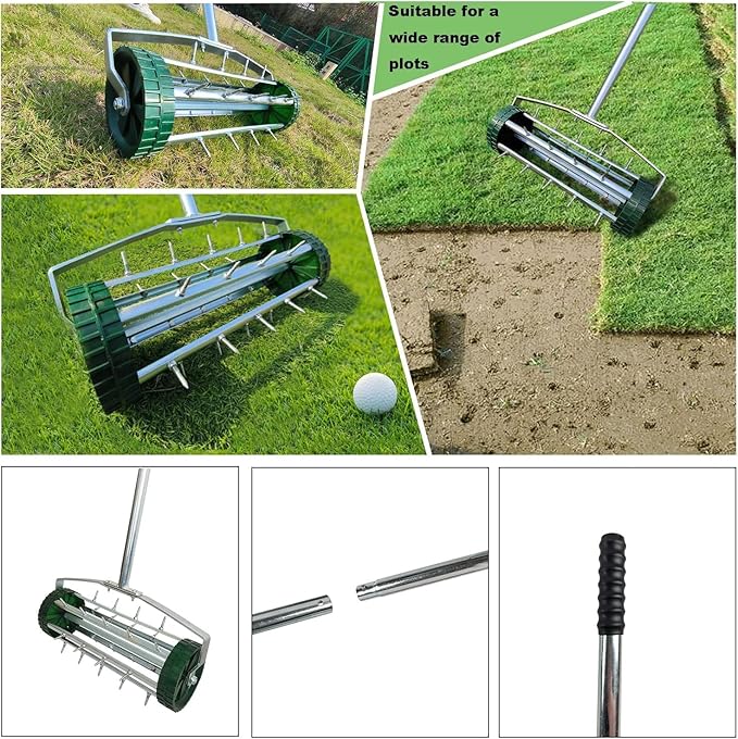 Heavy Duty Rolling Lawn Aerator, Rotary Push Tine Spike Aerator with 1.4-Inch Spikes, 57-Inch Steel Handle, Garden Yard Grass Maintenance Manual Aerator Tool for Improved Soil Aeration Silver