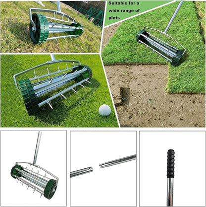 Heavy Duty Rolling Lawn Aerator, Rotary Push Tine Spike Aerator with 1.4-Inch Spikes, 57-Inch Steel Handle, Garden Yard Grass Maintenance Manual Aerator Tool for Improved Soil Aeration Silver