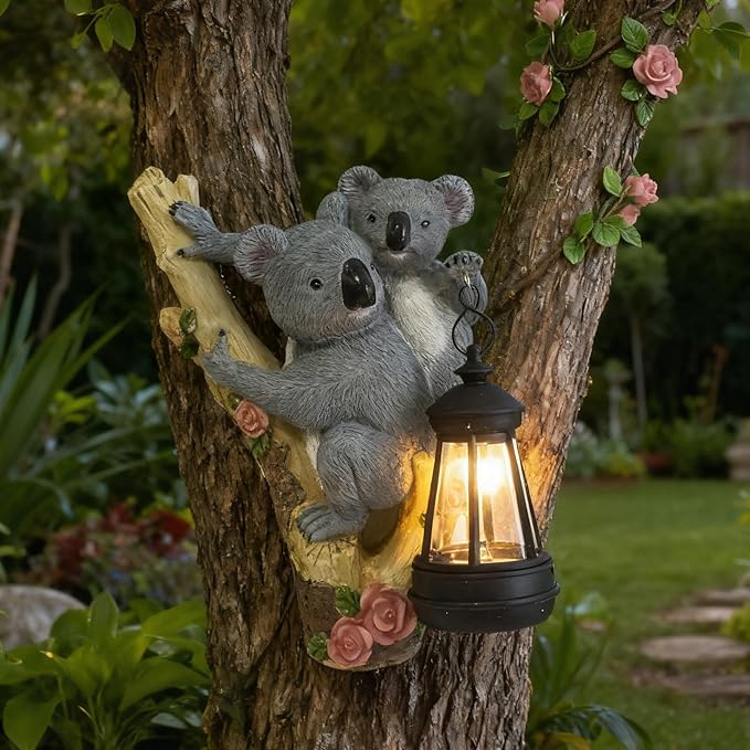 Koala Tree Hugger Garden Statue Outdoor Decorative Sculpture, Solar Lantern Outdoor Waterproof, Garden Decorations Home Patio Yard Outdoor, Relaxed Koala Gifts for Mom