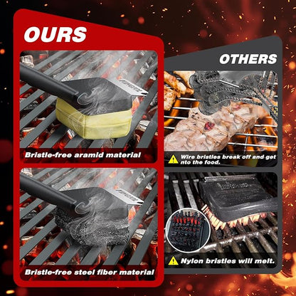 Grill Brush for Outdoor Grill - Bristle Free Grill Cleaner Brush, BBQ Brush with Durable Scraper for Cast Iron or Stainless-Steel Grates, 2 Replaceable Heat-Resistant Heads (Grill Brush Yellow)