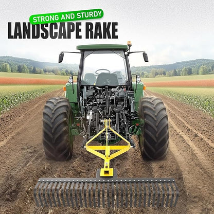 KUAFU 60In Landscape Rake, 3 Point Rake, 360 Rotation Compatible with Category 1, Cat1 Tractors Tow-Behind Garden Tool for Garden, Farm, Clearing Brush, Raking Arenas 2 Package Yellow