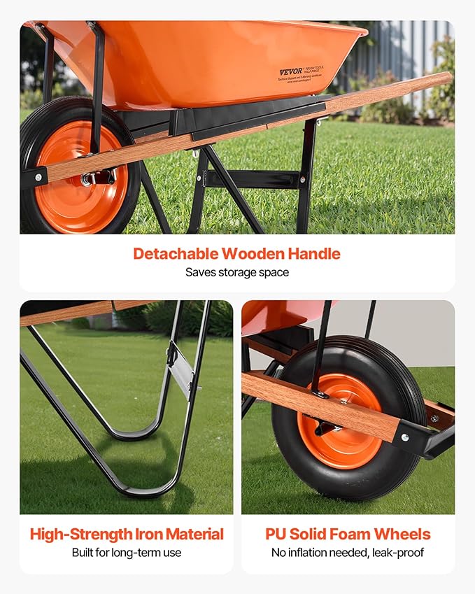 VEVOR Wheelbarrow Cart, 5 Cu. Ft. Load & 265 lbs Capacity, One Wheel Garden Dump Cart, Garden Wagon with Metal Handle & 16" Wide Track Wheels, Easy Loading Utility Yard Cart & Wagons for Lawn Farm
