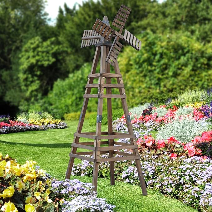Wooden Windmill, Weather-Proof Wind Spinner, Outdoor Wind Mill for Garden Lawn Patio Decoration (Carbonized, Medium)