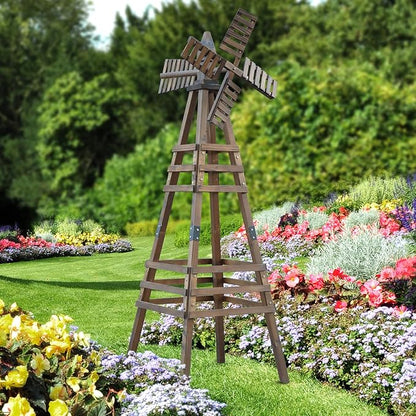 Wooden Windmill, Weather-Proof Wind Spinner, Outdoor Wind Mill for Garden Lawn Patio Decoration (Carbonized, Medium)