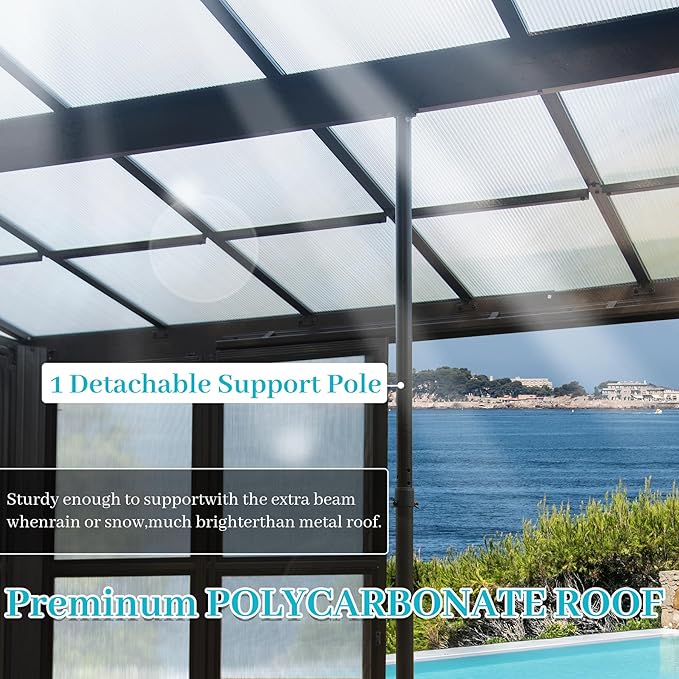 12' x 14' Patio Sun Room Kit, Outdoor Lean-to Enclosed Gazebo, Wall Mounted Solarium, All Season Sunroom Against The Wall with Removable Polycarbonate Roof/Windows, 2 Lockable Sliding Doors