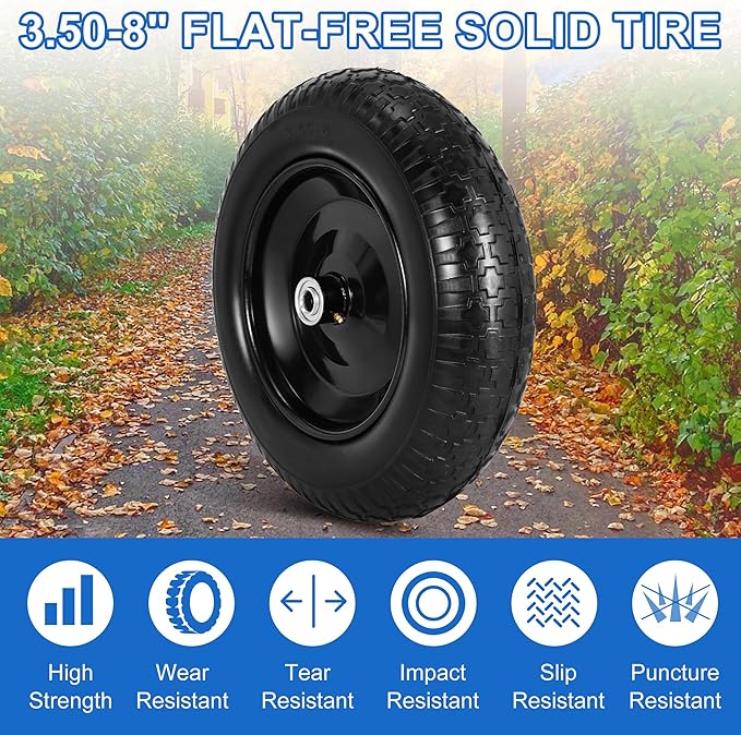 14.5" Flat Free Wheelbarrow Wheels and Tires, 3.50-8" Flat-Free Solid Tire with 5/8" Axle Bore Hole for Wheelbarrow Lawn Mover Trolley Dolly Go Kart Replacement