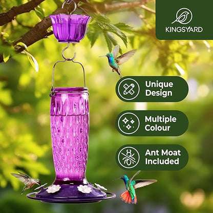 Kingsyard Hummingbird Feeders for Outdoors Hanging, 24 Ounce, Glass Hummingbird Feeder with Ant Moat & 6 Bee Guard Feeding Ports, Leak-Proof, Purple