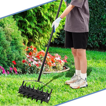 Lasnten Lawn Aerator Tool 16" Manual Rolling Yard Aerator Grass Roller Heavy Duty with 59" Stainless Steel Handle, Gloves, Spike Garden Rotary Push for Backyard Yard