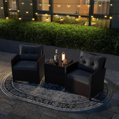 ORALNER 3 Pieces Patio Furniture Set, Outdoor Wicker Conversation Set Rattan Chairs with Cushions, Glass Coffee Table, Bistro Set for Front Porch Balcony Garden Deck Poolside (Grey)