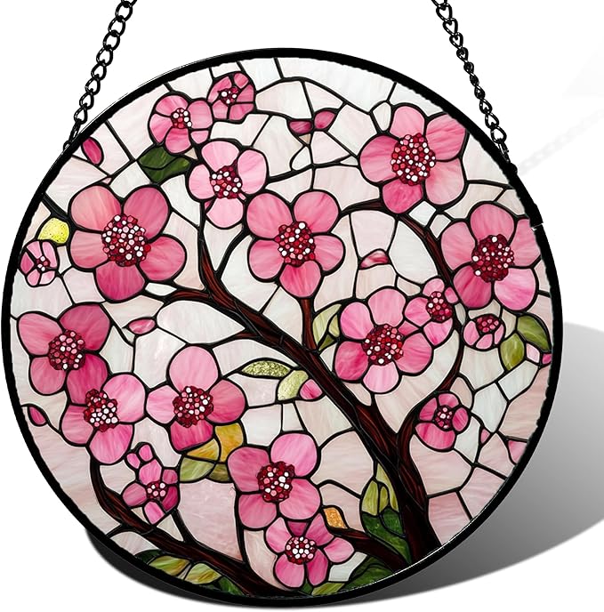 Stained Glass Window Hanging - Cherry Blossoms Birth Flower Suncatcher for Door Garden Patio Sun Catchers Decor Christmas Mother's Day Birthday Gifts for Women Mom Nana Friend Wife 6.3 in