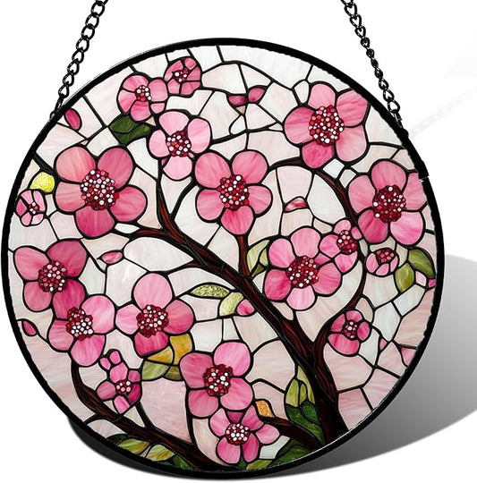 Stained Glass Window Hanging - Cherry Blossoms Birth Flower Suncatcher for Door Garden Patio Sun Catchers Decor Christmas Mother's Day Birthday Gifts for Women Mom Nana Friend Wife 9.8 in
