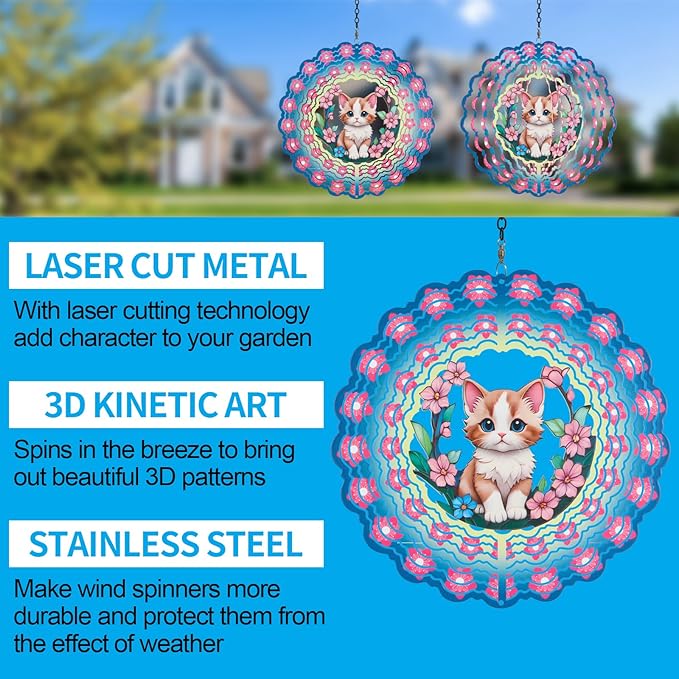 Metal Wind Spinners for Outdoor,Birthday Gifts for Women Mom Grandma, 12 Inch Cute Pink Cat Wind Spinner, Kinetic Sculpture Garden Decor for Ornament Gifts