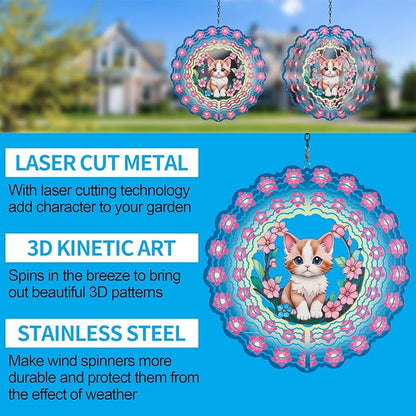 Metal Wind Spinners for Outdoor,Birthday Gifts for Women Mom Grandma, 12 Inch Cute Pink Cat Wind Spinner, Kinetic Sculpture Garden Decor for Ornament Gifts